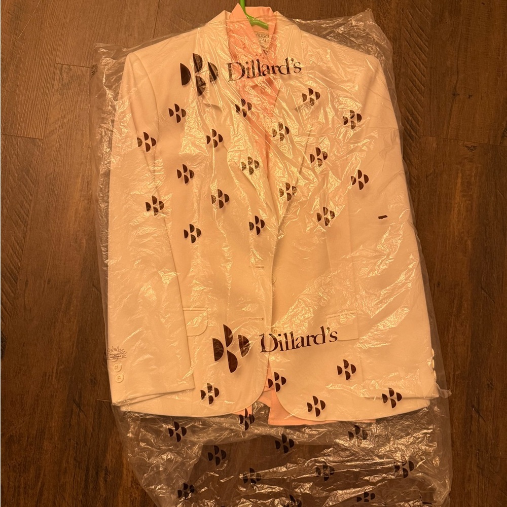 Haberdashery white suit jacket and Allison Daley Peach Floral Blouse